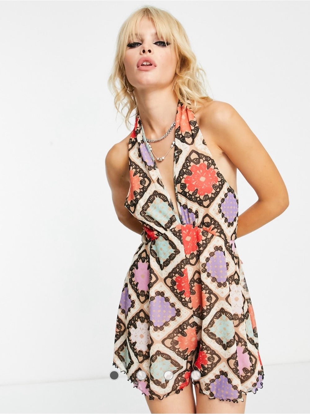 ASOS Design Halter Romper with Colorful Tile Crochet Print
